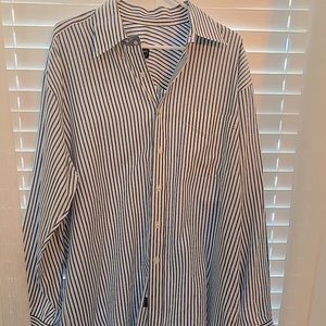 Button up collared blue and white dress shirt